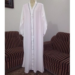 Brown Piping And Front Open Off white Abaya