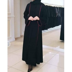 Maroon piping And Front Open Black Abaya